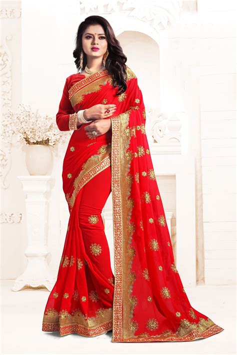 Indian Wedding Georgette Red Colour Saree Red Wedding Dresses