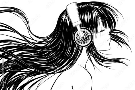 Relaxed Anime Girl In Headphones Listening To Music Stock Illustration