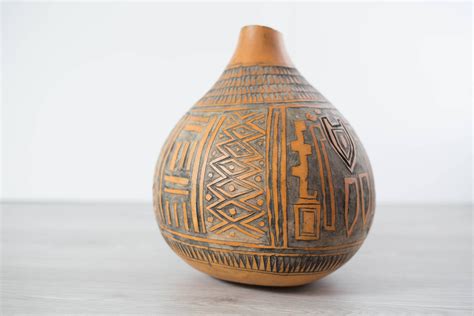 Africa Gourd Calabash Kenyan Carved Jug Vase Vintage Orange And Brown