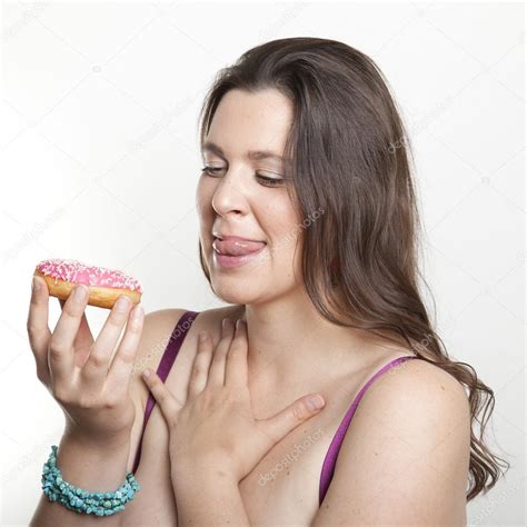 Overweight Woman With Pink Donut Stock Photo Vizualni