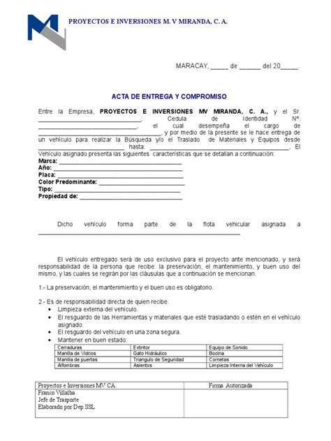 Acta De Entrega De Vehiculo Y Documentos Acta De Entr