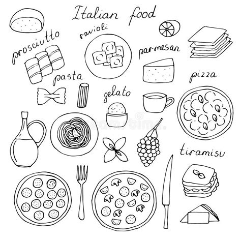 Doodles De Desenho Manual Do Vetor De Conjunto De Alimentos Italianos