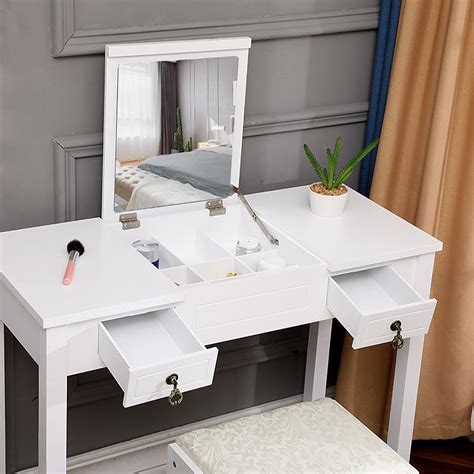 Take a seat on the sturdy stool capable of holding up to 286 lb! White Makeup Vanity Table Set Dressing Desk w/ Flip Top ...