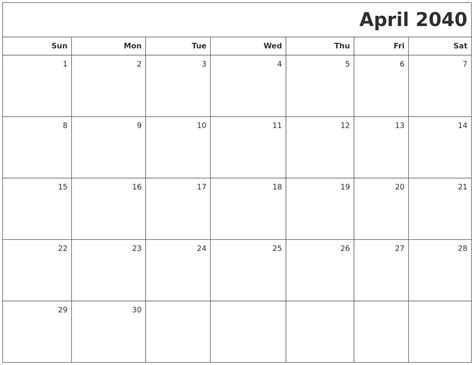 April 2040 Printable Blank Calendar