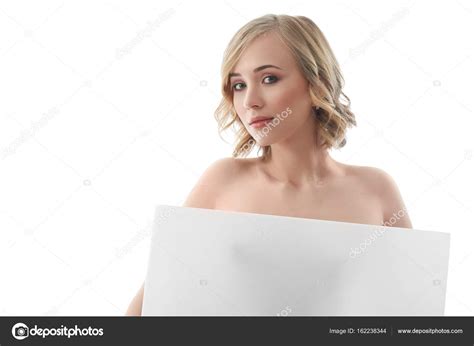 Beautiful Naked Woman Posing With A Blank Copyspace Banner Stock Photo