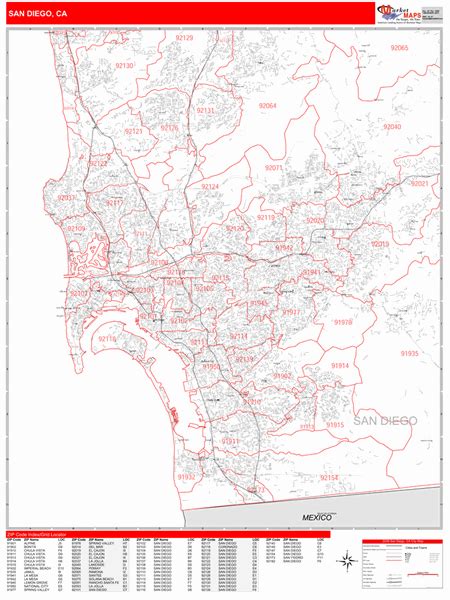 San Diego California Zip Code Wall Map Red Line Style By Marketmaps