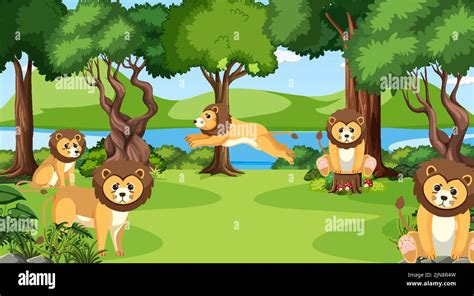 Lions In The Jungle Scene Illustration Stock Vector Image And Art Alamy