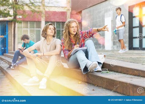 Teenagers Sitting On Stairs Beside School Stock Image Image Of 1213
