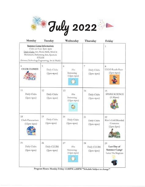 July 2022 Calendar The Sandy Club