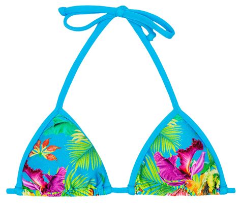 Triangle Bikini Top In Tropical Flower Print With Blue Straps Soutien