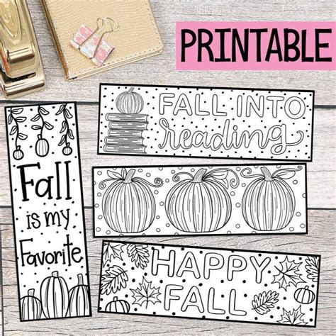 Fall Bookmarks 4 Printable Coloring Bookmarks Digital Download