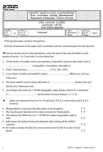 Grade 11 Geography Past Paper 2020 3rd Term Test Western Province