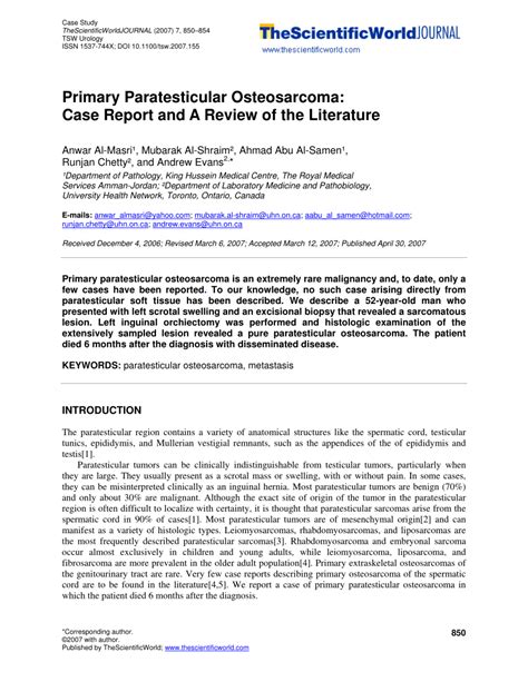 Pdf Primary Paratesticular Osteosarcoma Case Report And A Review Of