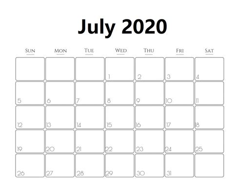 July 2020 Blank Calendar Free Word Page Free Printable Blank Holidays