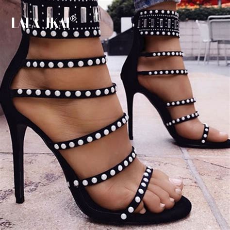 Lala Ikai High Heels Sandals 12cm Women Zip Flock Crystal Cross Strappy Gladiator Sandal Fashion