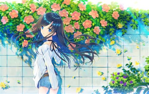 Wallpaper Anime Girl Back View Black Hair Flowers Jean