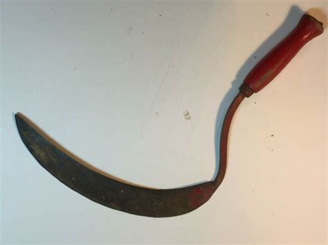 Vintage Old Hand Sickle Scythe With Red Wooden Handle Weed Cutter