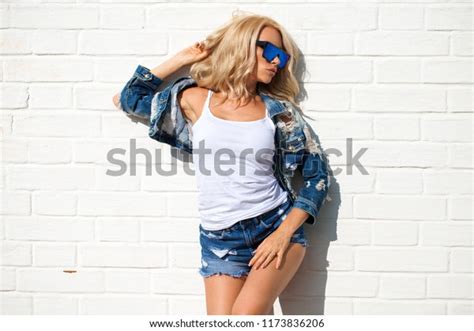 Beautiful Sexy Blonde Woman Dressed Denim Stock Photo