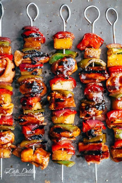 Thread the pineapple chunks, marinated chicken, bell peppers, onion, and zucchini onto the skewers. Hawaiian Chicken Bacon Pineapple Kebabs (Cafe Delites ...