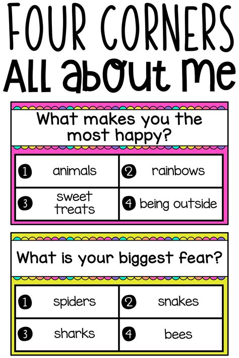 Four Corners All About Me Get To Know You Activities Classroom