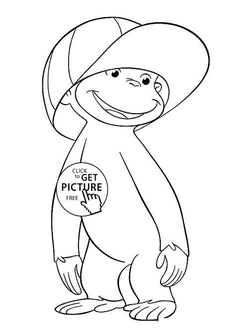 Check free printable curious george coloring pages. Curious George in the cap coloring pages for kids ...