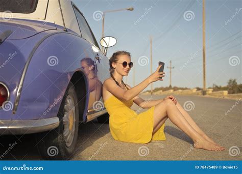 Woman Leaning To A Car Stock Image Image Of Travel Vintage 78475489