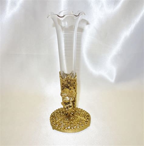 Vintage Glass Bud Vase In Gold Tone Filigree Metal Holder From