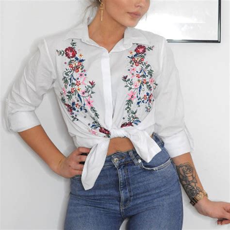 Womens Fashion Summer Embroidery Long Sleeve T Shirt Ladies Casual