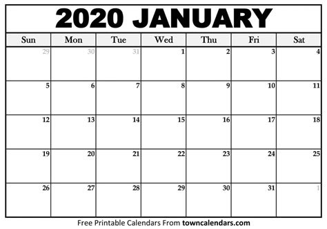 Calendar Jan 2020 Printable Free Letter Templates