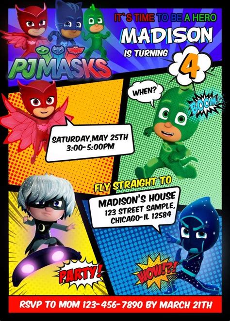 Pj Masks Invitations Pj Masks Birthday Party Invitation Etsy Mask