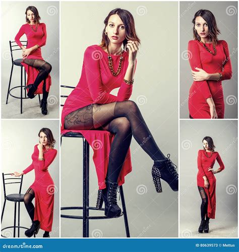 Pretty Babe In Red Dress Collage Of Toned Studio Shots Stock Image