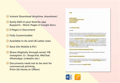 Part Time Employment Offer Letter Template in Word, Google Docs, Apple