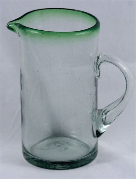 Authentic Mexican Glass Pitcher 2 Qt Green Rim Straight Sided Hand Blown
