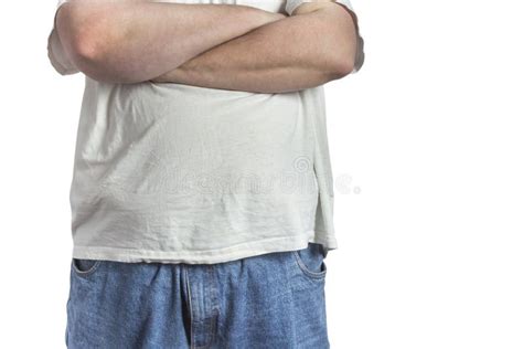 Overweight Man In Blue Jeans And White Shirt Stock Image Image Of