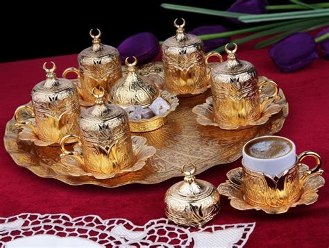 Ottoman Turkish Silver Brass Tea Coffee Saucers Cups Tray Set Highest