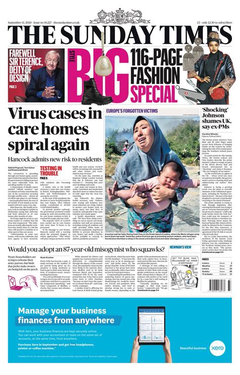 Sunday Times Front Page 27th Of September 2020 Tomorrows Papers Today
