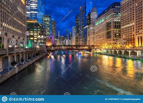 Chicago Downtown And Chicago River At Night In Chicago