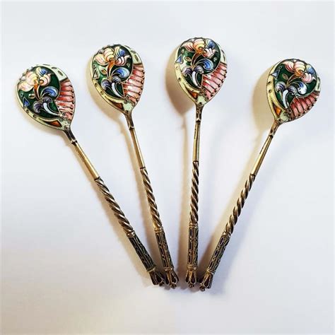 Set Of Four Antique Imperial Russian Enameled Gilded Silver Spoons