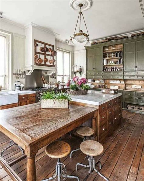 An Old Fashioned Kitchen With Wooden Floors And Lots Of Counter Space