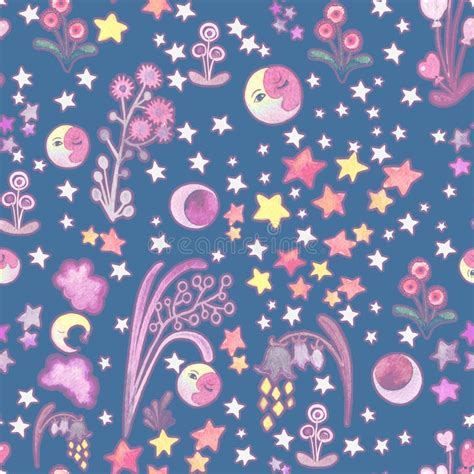 Cute Childish Seamless Pattern With Stars Flowers Clouds Moon