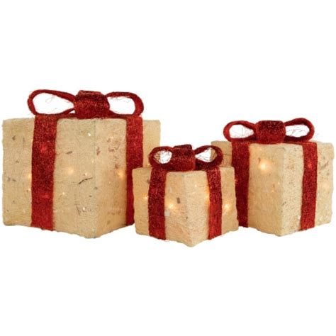 Northlight Set Of Cream Sisal Lighted Gift Boxes With Red Bows