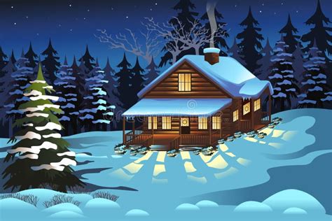 Cabin In The Woods During Winter Season Stock Vector Illustration Of