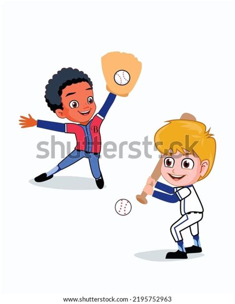 Two Happy Boys Playing Baseball Cartoon Stock Vector Royalty Free
