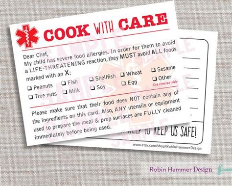 Medical Alert Dining Card Food Allergy Chef Card Printable Food