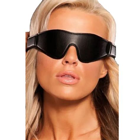 black genuine leather padded blindfold patch eye cover sleep black out restraints mask closure