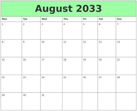 August 2033 Printable Calendars