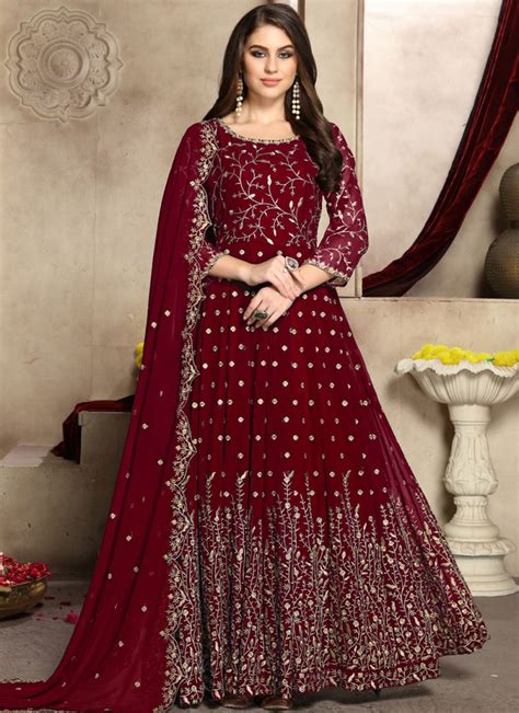 Buy Faux Georgette Embroidered Trendy Anarkali Salwar Kameez In Red Online