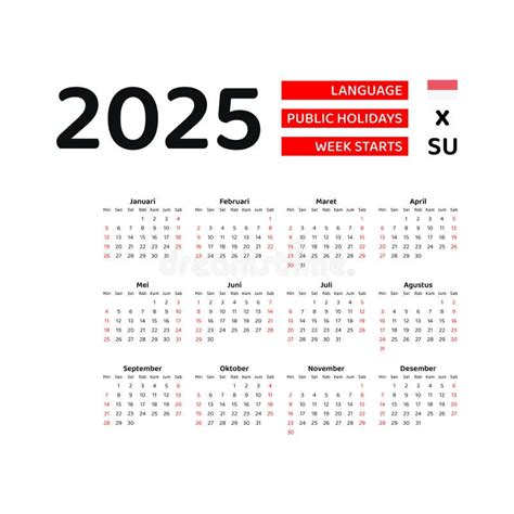 Indonesia Calendar 2025 Week Starts From Sunday Vector Graphic Design