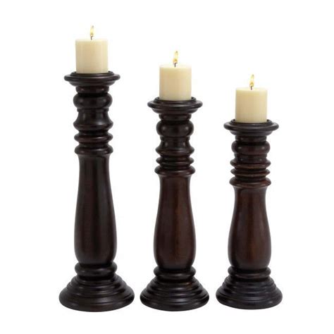 Set Of 3 Dark Brown Wooden Pillar Candle Holders Wooden Pillar Candle