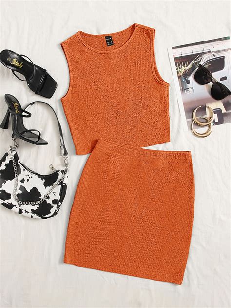 Shein Ezwear Solid Textured Crop Top And Skirt Set Shein Usa
